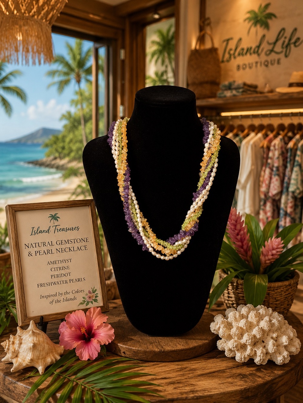 Natural Gemstone & Pearl Multi-Strand Necklace - Purple, Yellow, Green, White